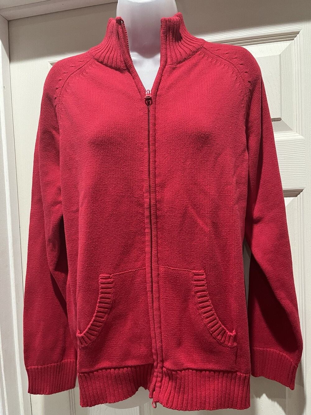 Kim Rogers Red Knit Full Zip Sweater Pockets Women's Size Large New Old Stock